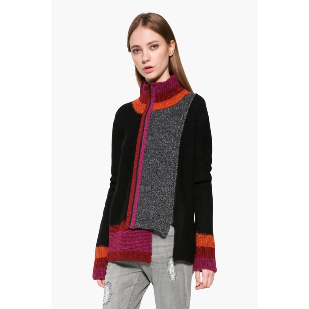 Desigual Black Gray Pink Orange Colorblock Zip Cardigan